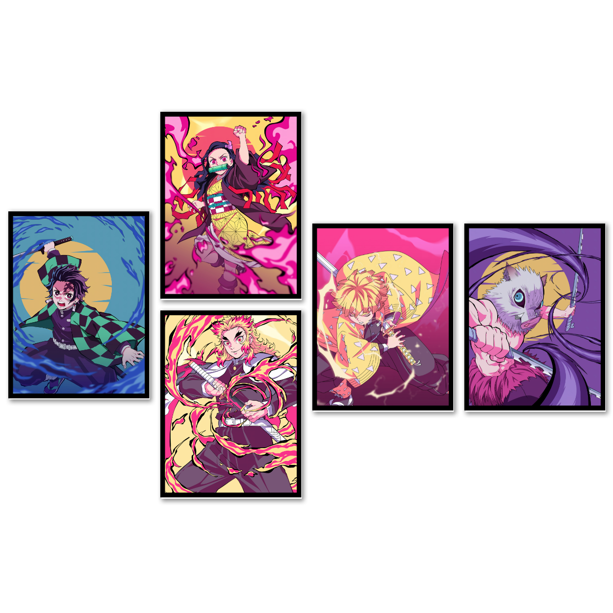 Replix Set of 5 Demon Slayer Frames Anime Wall Frame, (11x14 Inch) Framed Poster With Black Frames (Mugen Train Arc)