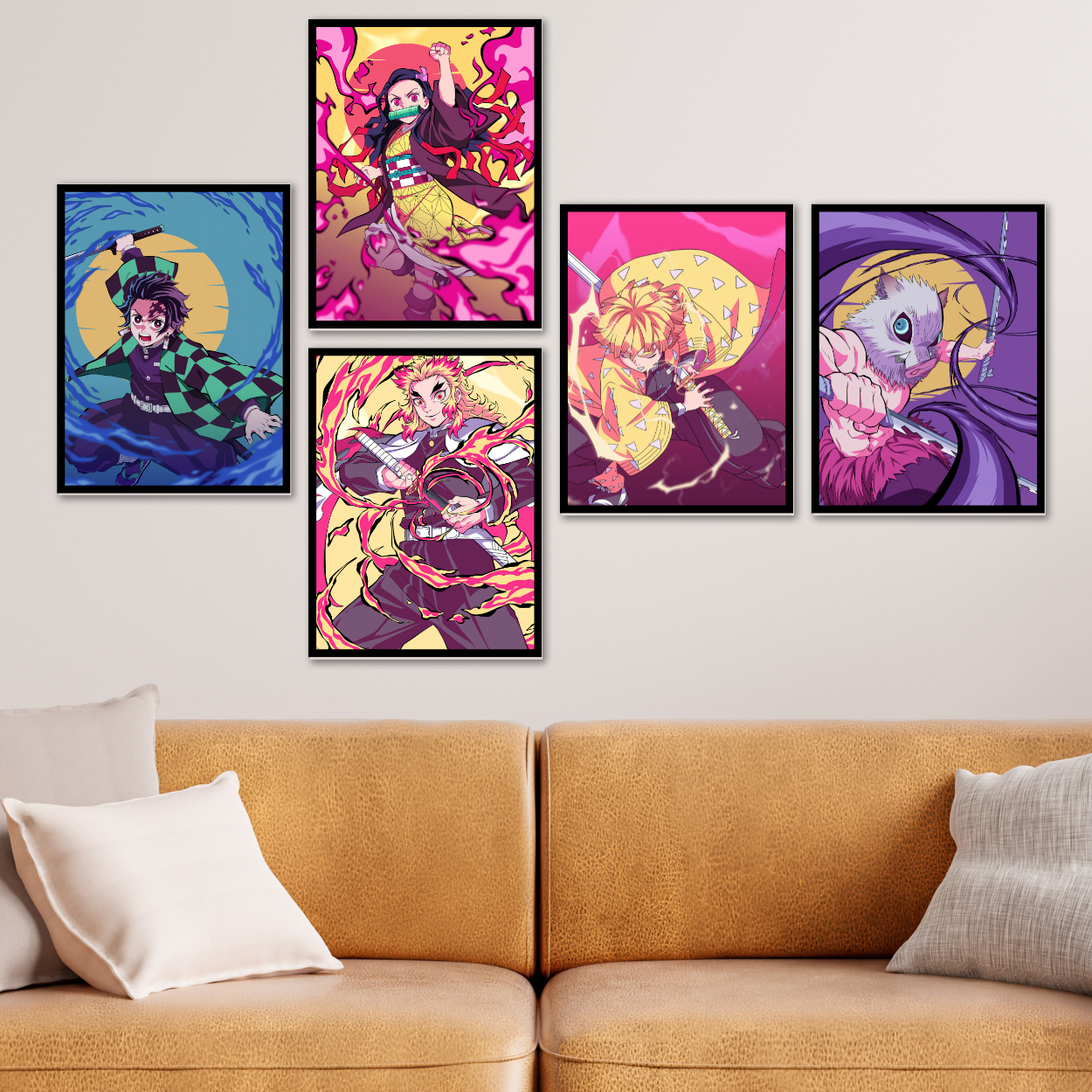Replix Set of 5 Demon Slayer Frames Anime Wall Frame, (11x14 Inch) Framed Poster With Black Frames (Mugen Train Arc)