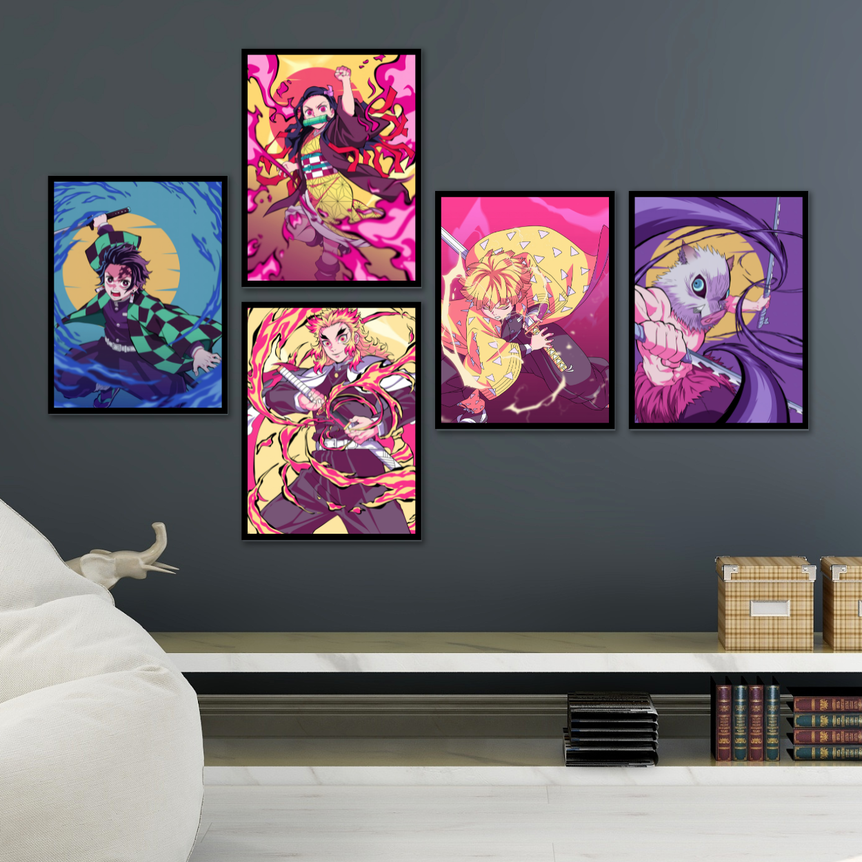 Replix Set of 5 Demon Slayer Frames Anime Wall Frame, (11x14 Inch) Framed Poster With Black Frames (Mugen Train Arc)