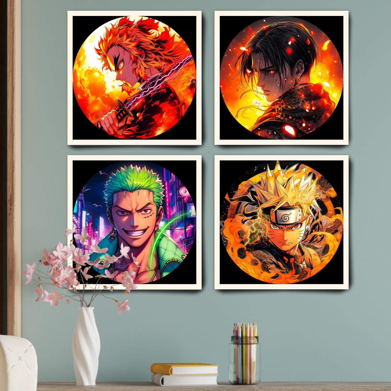 Replix Anime Framed Poster Mix Anime Painting Wall Frame, (11x11 Inch) Wall Art Laminated Poster With Black Frames, Set of 4 (Design 2)