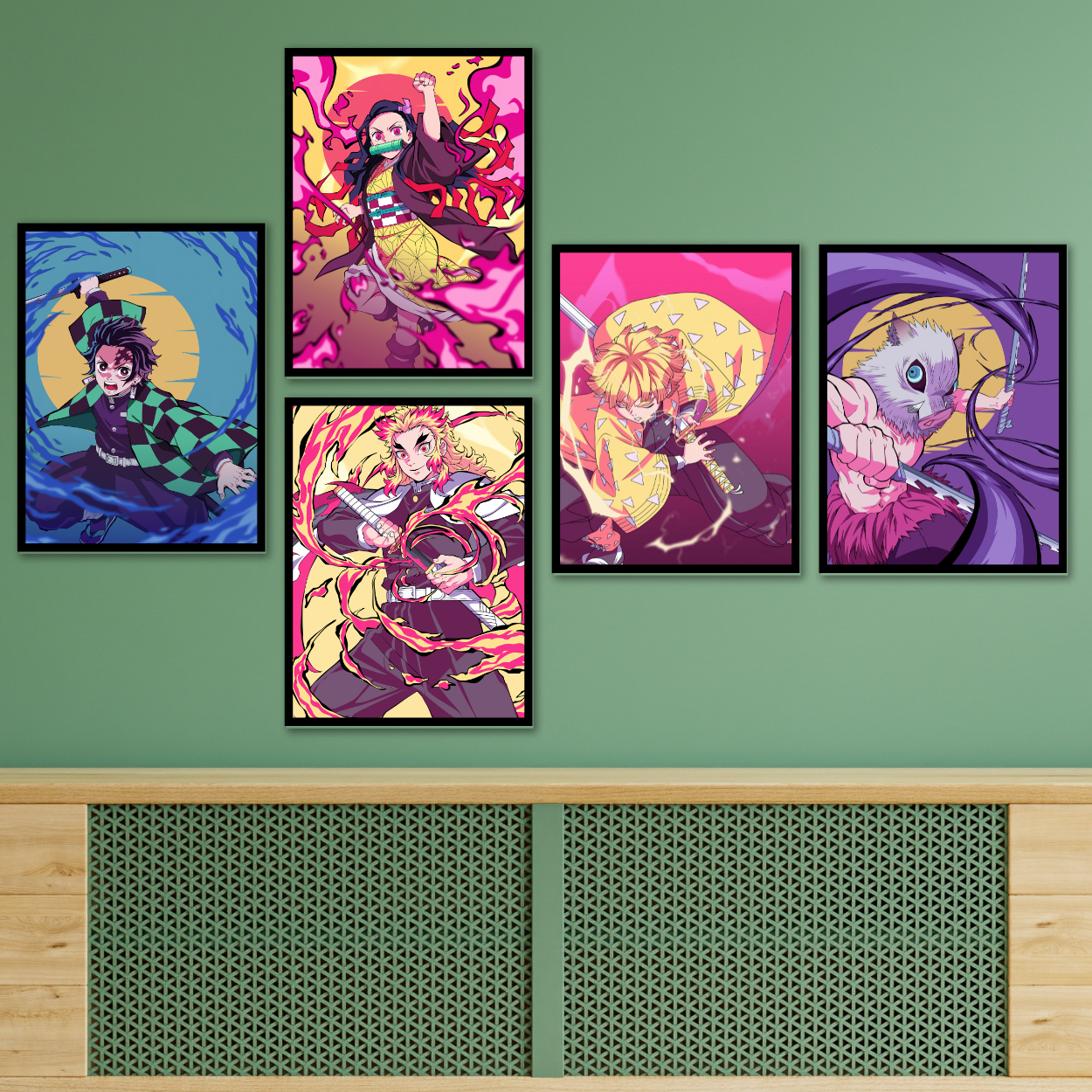 Replix Set of 5 Demon Slayer Frames Anime Wall Frame, (11x14 Inch) Framed Poster With Black Frames (Mugen Train Arc)