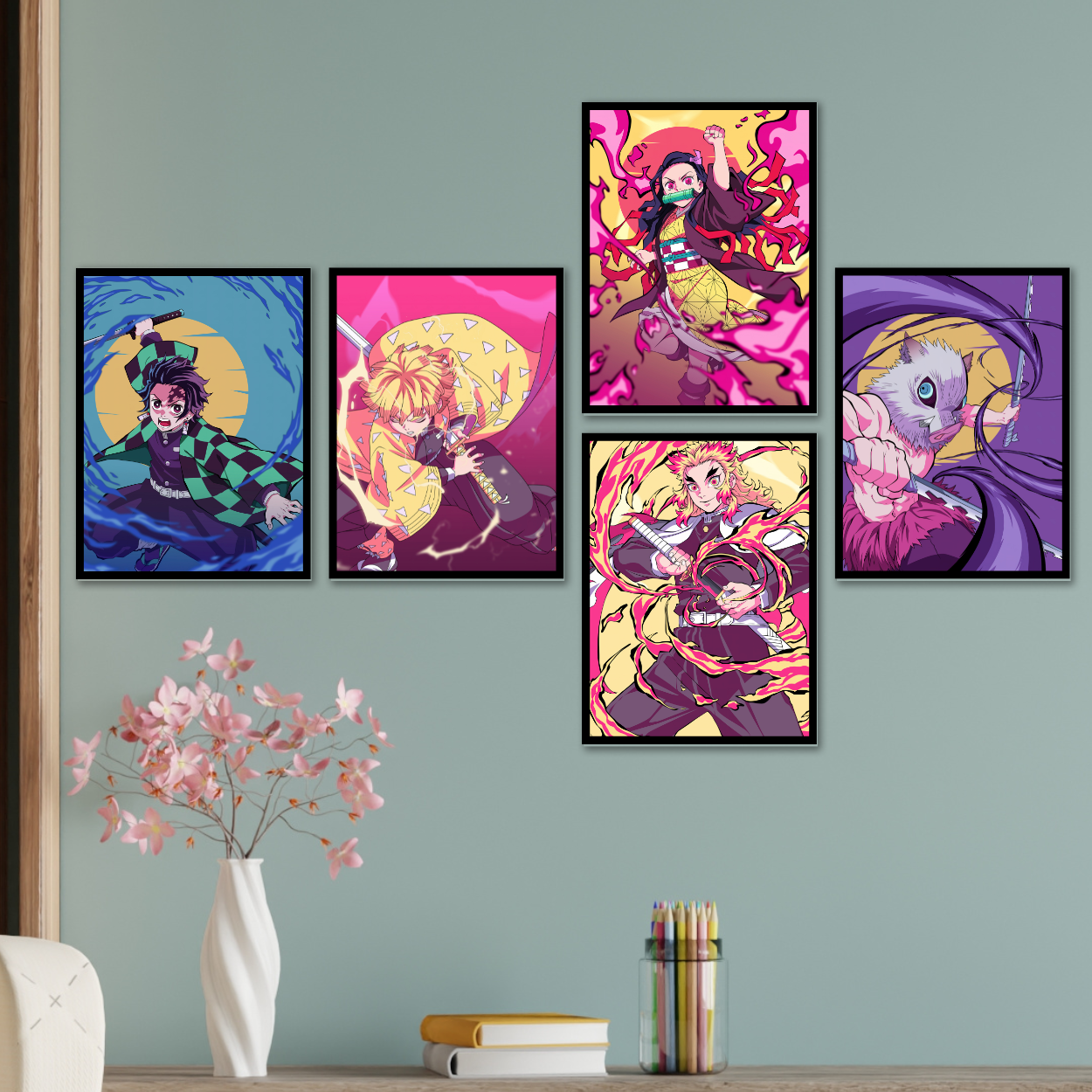 Replix Set of 5 Demon Slayer Frames Anime Wall Frame, (11x14 Inch) Framed Poster With Black Frames (Mugen Train Arc)