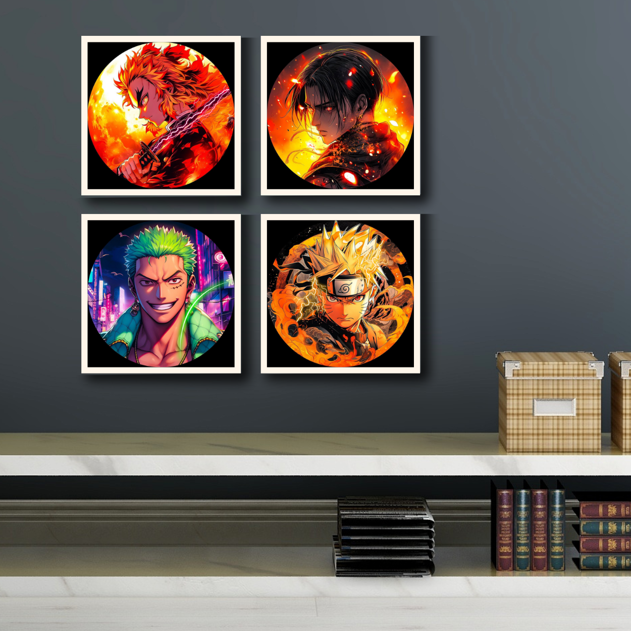 Replix Anime Framed Poster Mix Anime Painting Wall Frame, (11x11 Inch) Wall Art Laminated Poster With Black Frames, Set of 4 (Design 2)