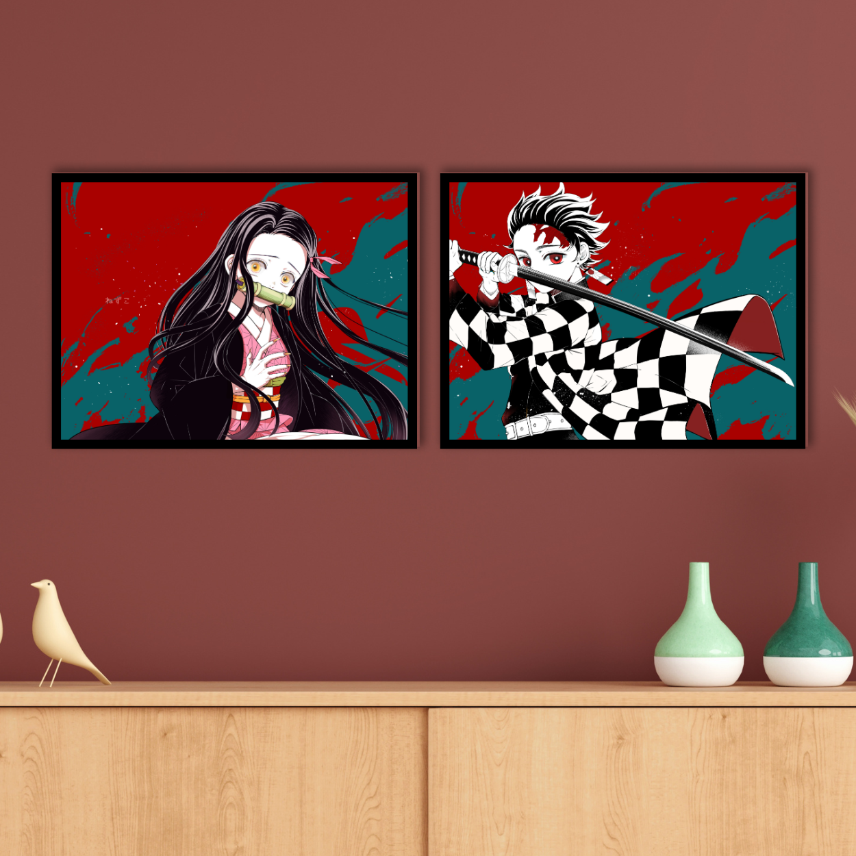 Replix Set of 2 Demon Slayer Frames Anime Wall Frame, (11x14 Inch) Framed Poster With Black Frames (Brother-Sister Duo)