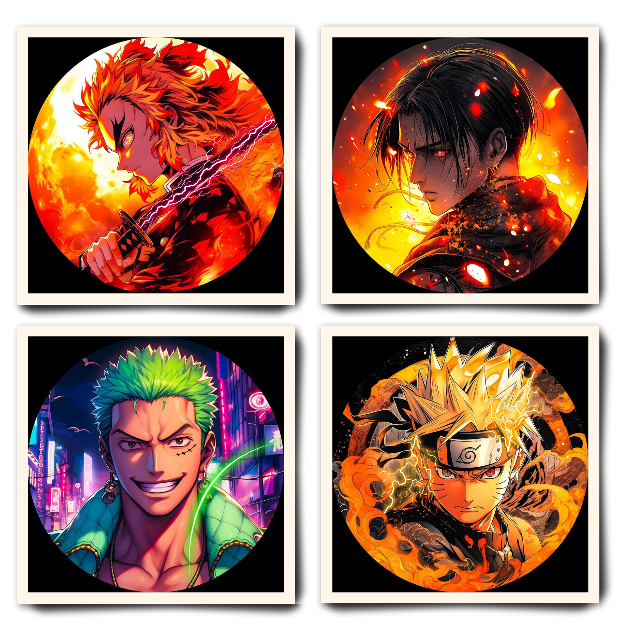 Replix Anime Framed Poster Mix Anime Painting Wall Frame, (11x11 Inch) Wall Art Laminated Poster With Black Frames, Set of 4 (Design 2)