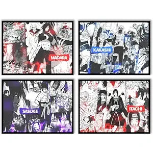 Replix Anime Framed Poster Naruto Anime Painting Wall Frame, (14x11 Inch) Wall Art Laminated Poster With Black Frames, Set of 4 (Iconic)