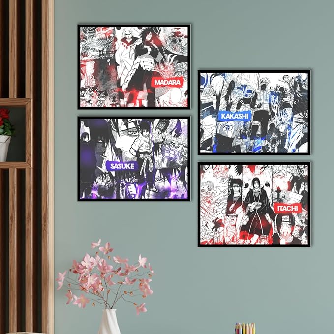 Replix Anime Framed Poster Naruto Anime Painting Wall Frame, (14x11 Inch) Wall Art Laminated Poster With Black Frames, Set of 4 (Iconic)