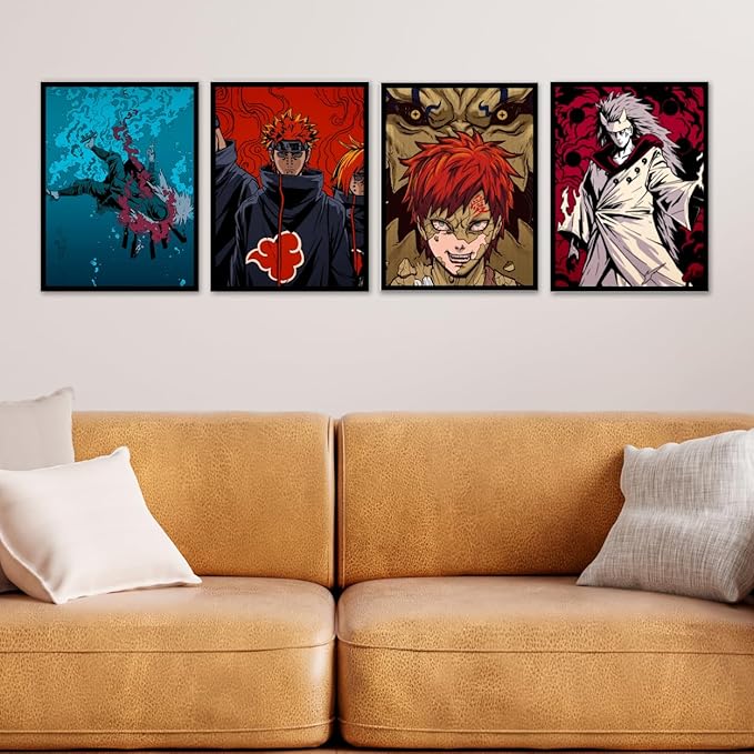 Replix Anime Framed Poster Naruto Anime Painting Wall Frame, (14x11 Inch) Wall Art Laminated Poster With Black Frames, Set of 4 (Character Arc)