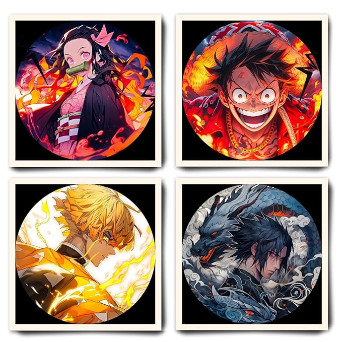 Replix Anime Framed Poster Mix Anime Painting Wall Frame, (11x11 Inch) Wall Art Laminated Poster With Black Frames, Set of 4 (Design 1)