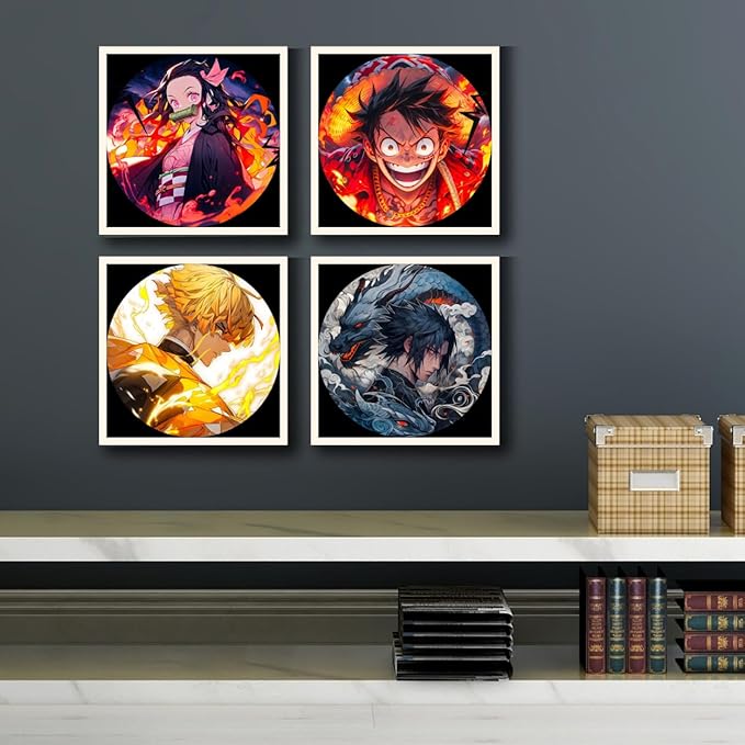Replix Anime Framed Poster Mix Anime Painting Wall Frame, (11x11 Inch) Wall Art Laminated Poster With Black Frames, Set of 4 (Design 1)