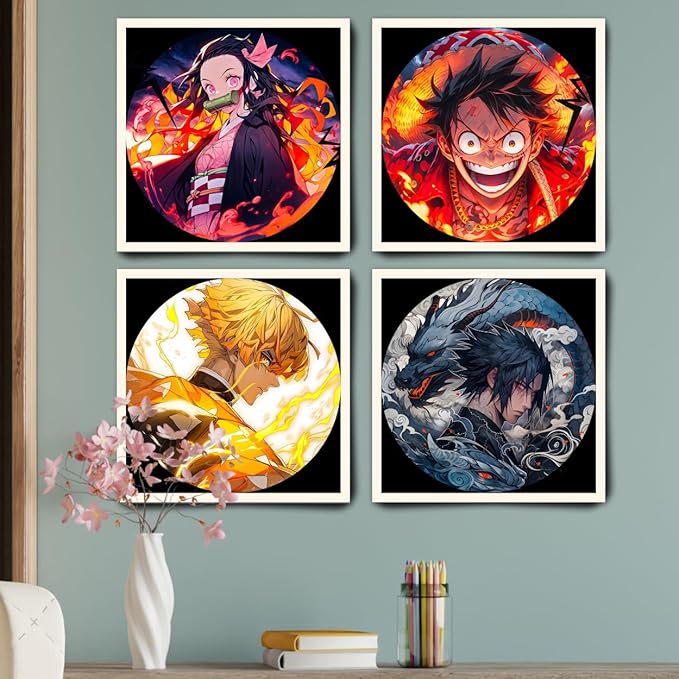 Replix Anime Framed Poster Mix Anime Painting Wall Frame, (11x11 Inch) Wall Art Laminated Poster With Black Frames, Set of 4 (Design 1)