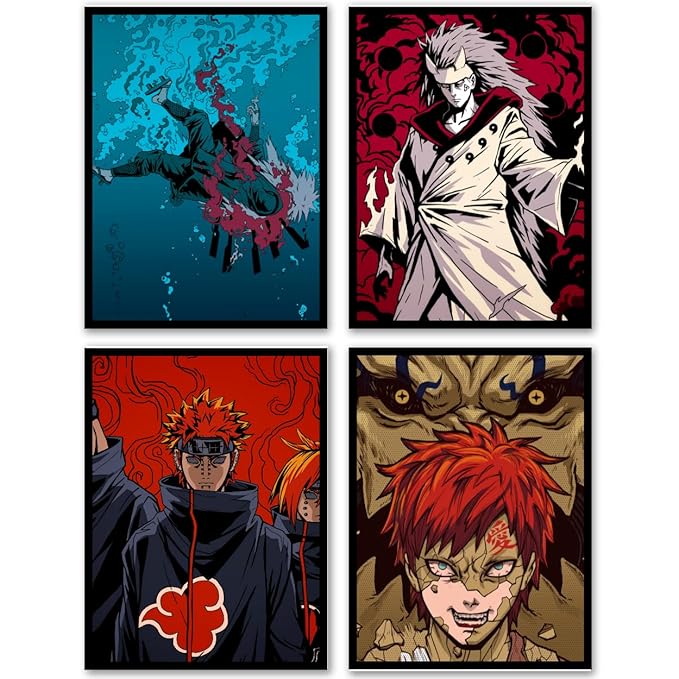 Replix Anime Framed Poster Naruto Anime Painting Wall Frame, (14x11 Inch) Wall Art Laminated Poster With Black Frames, Set of 4 (Character Arc)