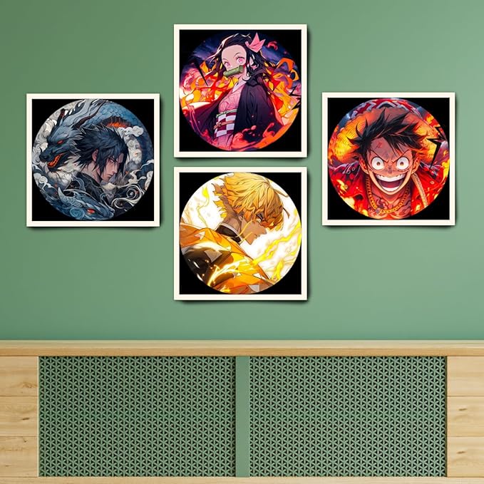 Replix Anime Framed Poster Mix Anime Painting Wall Frame, (11x11 Inch) Wall Art Laminated Poster With Black Frames, Set of 4 (Design 1)