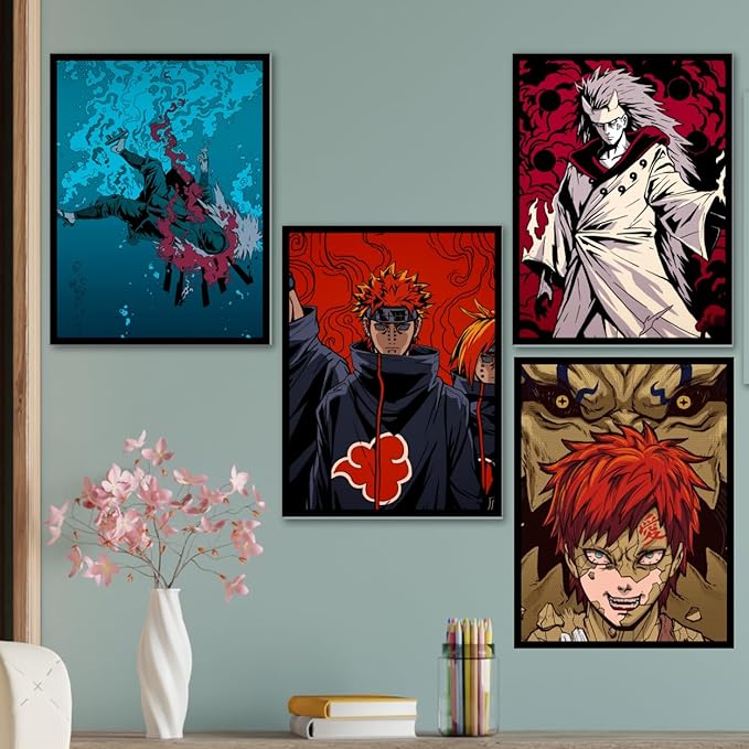 Replix Anime Framed Poster Naruto Anime Painting Wall Frame, (14x11 Inch) Wall Art Laminated Poster With Black Frames, Set of 4 (Character Arc)