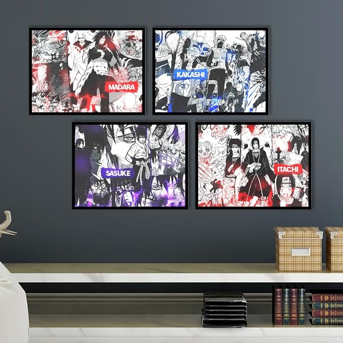 Replix Anime Framed Poster Naruto Anime Painting Wall Frame, (14x11 Inch) Wall Art Laminated Poster With Black Frames, Set of 4 (Iconic)