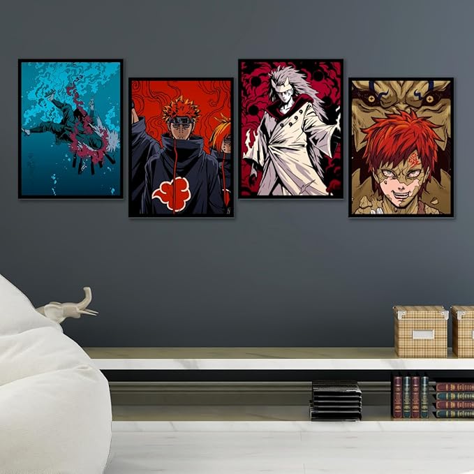 Replix Anime Framed Poster Naruto Anime Painting Wall Frame, (14x11 Inch) Wall Art Laminated Poster With Black Frames, Set of 4 (Character Arc)