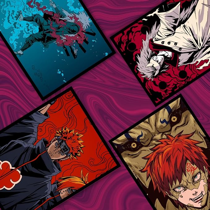 Replix Anime Framed Poster Naruto Anime Painting Wall Frame, (14x11 Inch) Wall Art Laminated Poster With Black Frames, Set of 4 (Character Arc)