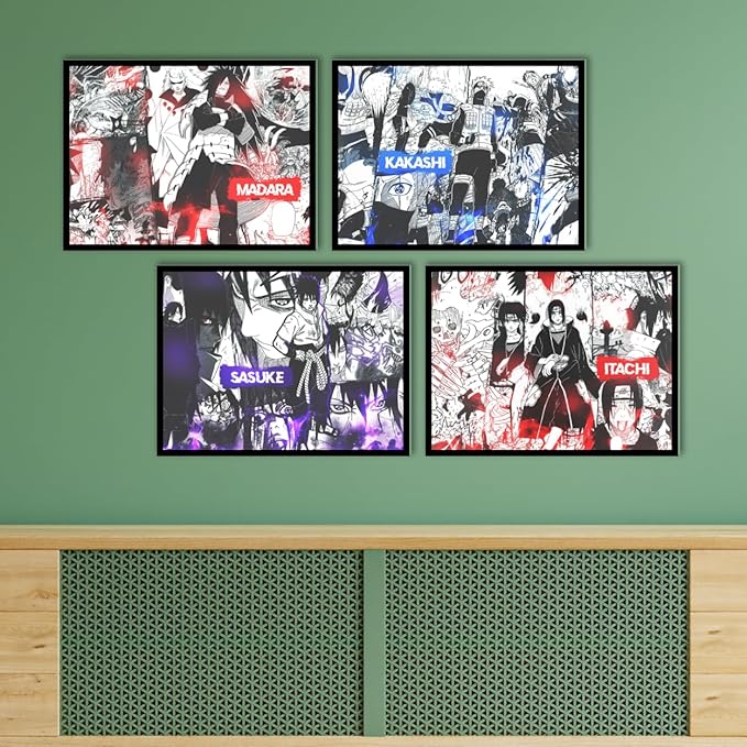 Replix Anime Framed Poster Naruto Anime Painting Wall Frame, (14x11 Inch) Wall Art Laminated Poster With Black Frames, Set of 4 (Iconic)