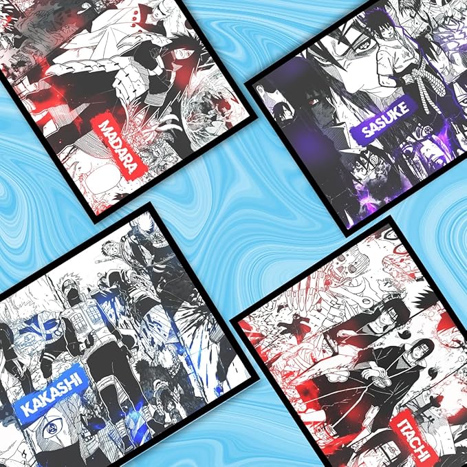Replix Anime Framed Poster Naruto Anime Painting Wall Frame, (14x11 Inch) Wall Art Laminated Poster With Black Frames, Set of 4 (Iconic)
