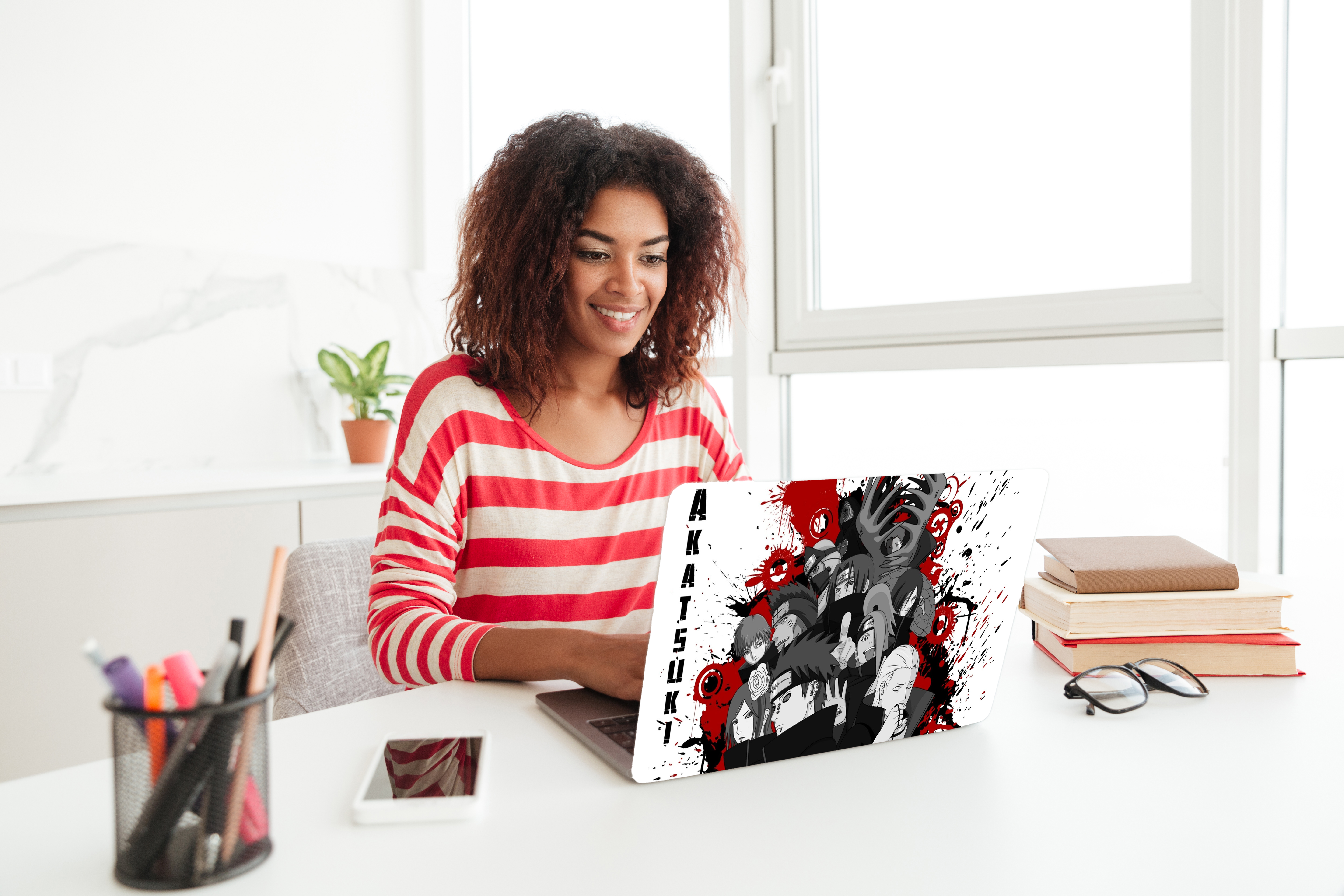 Replix White Akatsuki Anime Vinyl Laptop Skin with Free Sticker Compatible for All Laptops Vinyl Laptop Decal 15.6